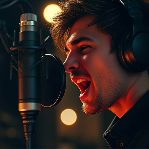 Artiste enregistrant dans le studio, concentré sur sa performance vocale devant le microphone Neumann U87.
