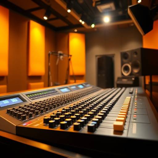 Studio d'enregistrement avec une console de mixage, utilisation pour un projet de publicité radio.